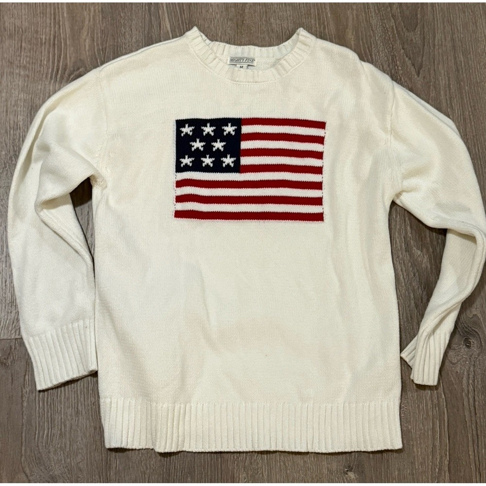 Mighty Fine Americana Sweater Women's M Cream Ribbed Trims Comfy Pullover